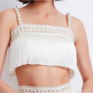 PatBo all over fringe top with pearl beaded straps